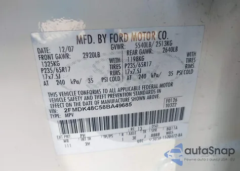 2008 Ford Edge Sel из США, поврежденный, VIN 2FMDK48C58BA49685